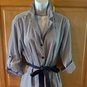 Pinstripe belted button down shirt dress.